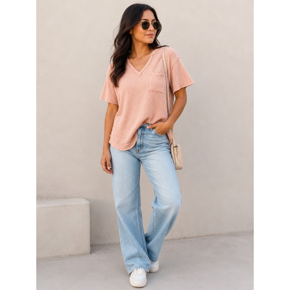 Womens L Pink Waffle Knit V-Neck TopShort Sleeve Raw Frayed Hem Textured